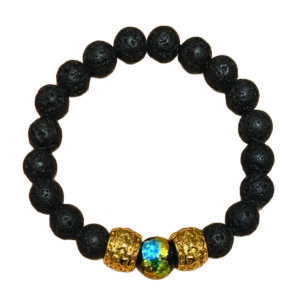 Bracelet élastique en pierre de lave noire avec perle centrale photoluminescente multicolore et intercalaires étoilés dorés à l’or fin.