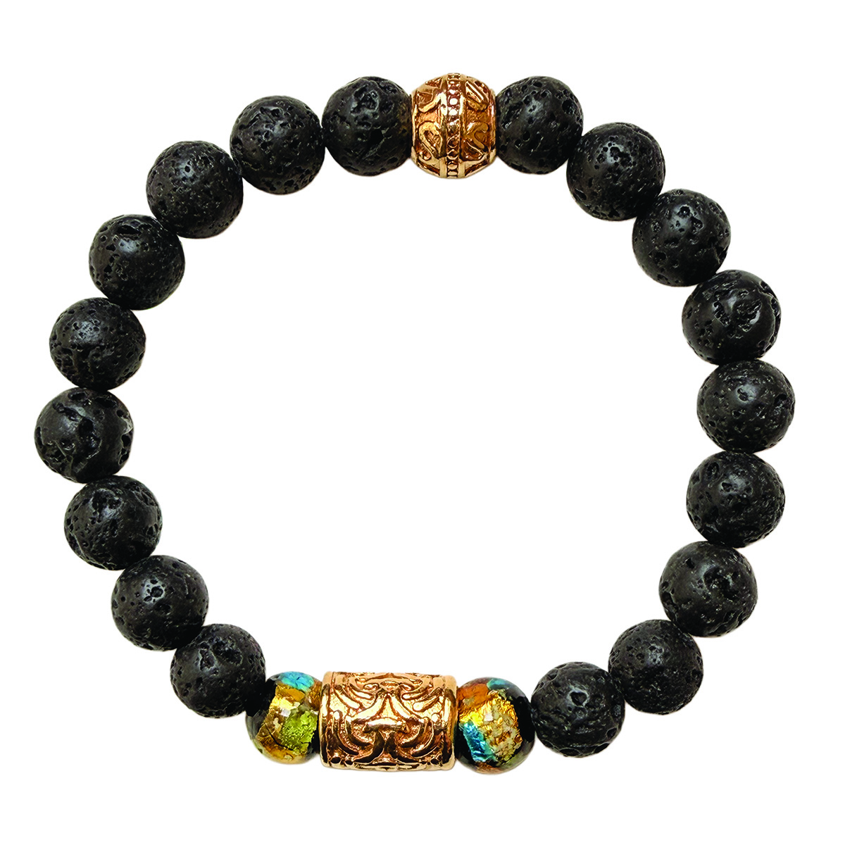 Bracelet homme POSÉIDON collection Cassiopée en pierre de lave noire, perle centrale dorée à l’or fin motif entrelacs et perles lucioles bleu et or