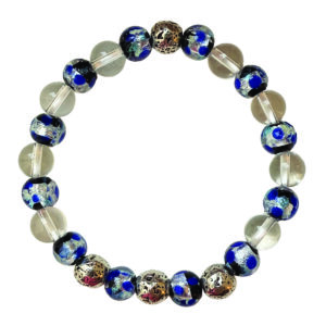 Bracelet Lyrae en perles de verre bleu tacheté avec perles lucioles photoluminescentes perles argentées et cristal de roche.